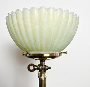Antique 1880s Converted Gas Newel Post Light with Ribbed and Etched Vaseline Glass Gas Shade