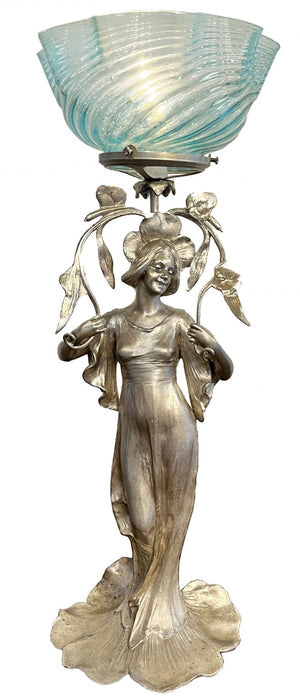 Antique Circa 1890s Converted Gas Art Nouveau Figural Light with Original Silvered Finish and Blue Opalescent Swirl Shade