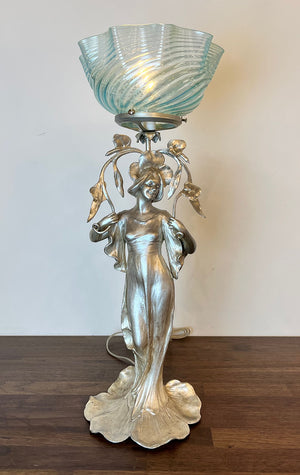 Antique Circa 1890s Converted Gas Art Nouveau Figural Light with Original Silvered Finish and Blue Opalescent Swirl Shade