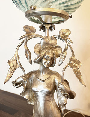 Antique Circa 1890s Converted Gas Art Nouveau Figural Light with Original Silvered Finish and Blue Opalescent Swirl Shade