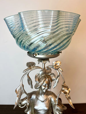 Antique Circa 1890s Converted Gas Art Nouveau Figural Light with Original Silvered Finish and Blue Opalescent Swirl Shade