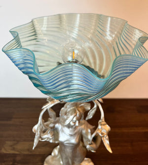 Antique Circa 1890s Converted Gas Art Nouveau Figural Light with Original Silvered Finish and Blue Opalescent Swirl Shade