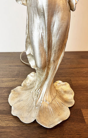 Antique Circa 1890s Converted Gas Art Nouveau Figural Light with Original Silvered Finish and Blue Opalescent Swirl Shade