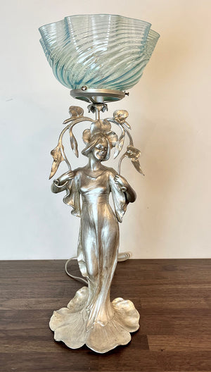 Antique Circa 1890s Converted Gas Art Nouveau Figural Light with Original Silvered Finish and Blue Opalescent Swirl Shade