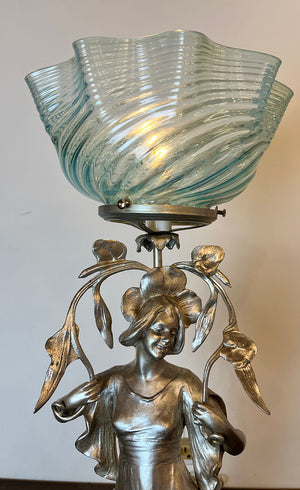 Antique Circa 1890s Converted Gas Art Nouveau Figural Light with Original Silvered Finish and Blue Opalescent Swirl Shade