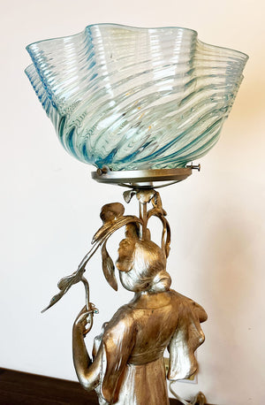 Antique Circa 1890s Converted Gas Art Nouveau Figural Light with Original Silvered Finish and Blue Opalescent Swirl Shade