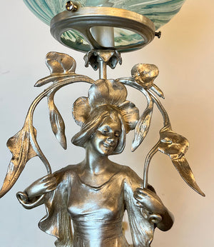 Antique Circa 1890s Converted Gas Art Nouveau Figural Light with Original Silvered Finish and Blue Opalescent Swirl Shade