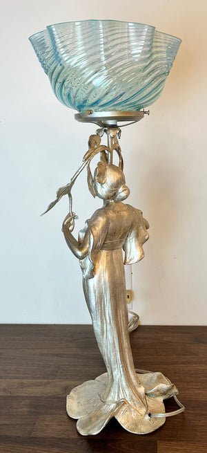 Antique Circa 1890s Converted Gas Art Nouveau Figural Light with Original Silvered Finish and Blue Opalescent Swirl Shade