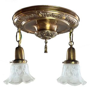 Antique Circa 1910 Two Light Embossed American Art Nouveau Flush Mount with Original Art Nouveau Acid Etched Shades