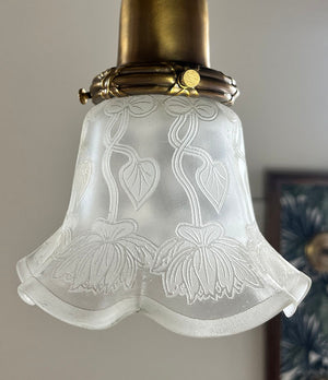 Antique Circa 1910 Two Light Embossed American Art Nouveau Flush Mount with Original Art Nouveau Acid Etched Shades