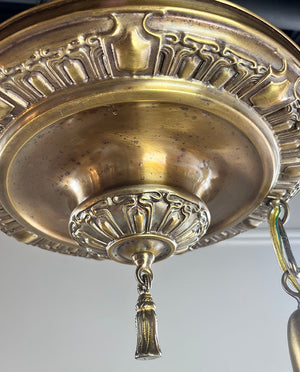 Antique Circa 1910 Two Light Embossed American Art Nouveau Flush Mount with Original Art Nouveau Acid Etched Shades