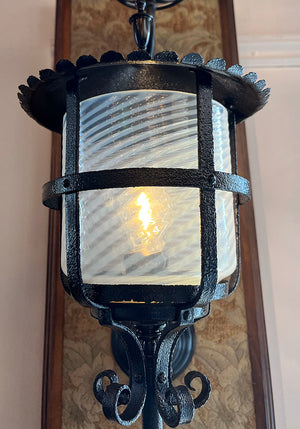Antique Late 1800s Wrought and Cast Iron Converted Gas Exterior Wall Sconce with Original Opal Swirl Shade