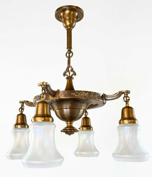 $2200 PAIR - Circa 1915 Edwardian Four Light Cast Arm Pan with Cast Floral Details and Antique Acid Etched Shades