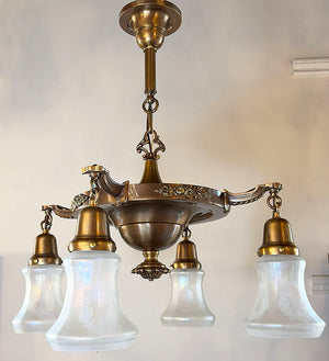 $2200 PAIR - Circa 1915 Edwardian Four Light Cast Arm Pan with Cast Floral Details and Antique Acid Etched Shades