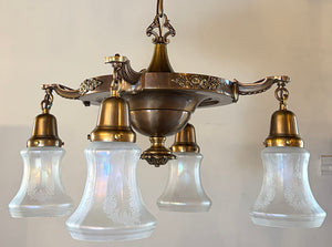$2200 PAIR - Circa 1915 Edwardian Four Light Cast Arm Pan with Cast Floral Details and Antique Acid Etched Shades