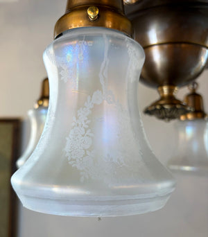 $2200 PAIR - Circa 1915 Edwardian Four Light Cast Arm Pan with Cast Floral Details and Antique Acid Etched Shades