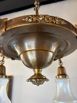 $2200 PAIR - Circa 1915 Edwardian Four Light Cast Arm Pan with Cast Floral Details and Antique Acid Etched Shades