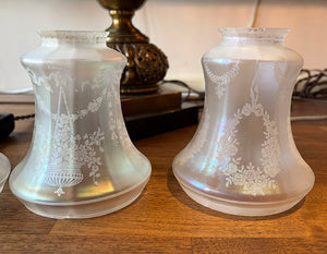 $2200 PAIR - Circa 1915 Edwardian Four Light Cast Arm Pan with Cast Floral Details and Antique Acid Etched Shades