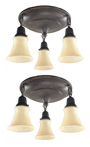 $1100 PAIR - Antique Circa 1915 Three Light Stepped Body Flush Mount