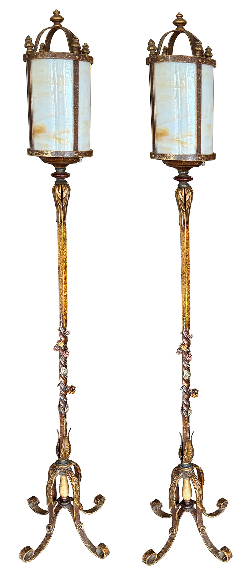 $3000 PAIR - Exceptional Pair of 1920s Slag Glass Lantern Floor Lamps with Four Footed Bases and Original Polychrome Finish