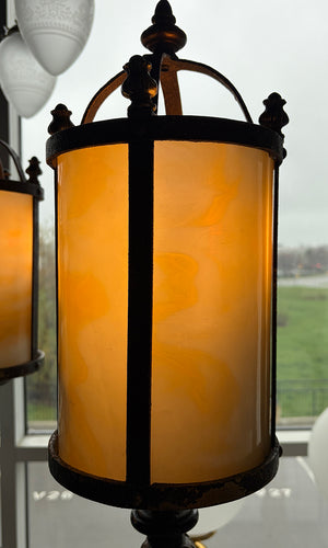 $3000 PAIR - Exceptional Pair of 1920s Slag Glass Lantern Floor Lamps with Four Footed Bases and Original Polychrome Finish