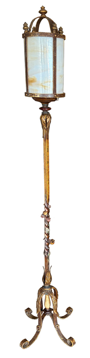 $3000 PAIR - Exceptional Pair of 1920s Slag Glass Lantern Floor Lamps with Four Footed Bases and Original Polychrome Finish