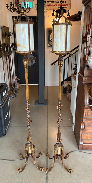 $3000 PAIR - Exceptional Pair of 1920s Slag Glass Lantern Floor Lamps with Four Footed Bases and Original Polychrome Finish