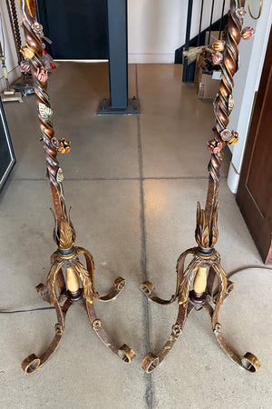 $3000 PAIR - Exceptional Pair of 1920s Slag Glass Lantern Floor Lamps with Four Footed Bases and Original Polychrome Finish