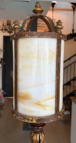 $3000 PAIR - Exceptional Pair of 1920s Slag Glass Lantern Floor Lamps with Four Footed Bases and Original Polychrome Finish