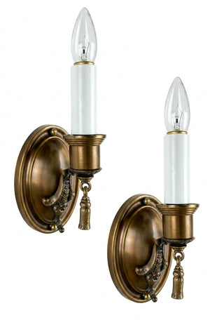 $700 PAIR - Circa 1920 Cast Arm Oval Back Sconces with Tassel Finials