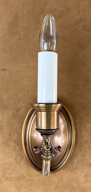 $700 PAIR - Circa 1920 Cast Arm Oval Back Sconces with Tassel Finials