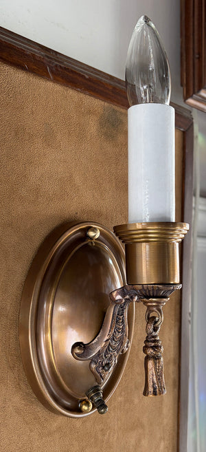 $700 PAIR - Circa 1920 Cast Arm Oval Back Sconces with Tassel Finials