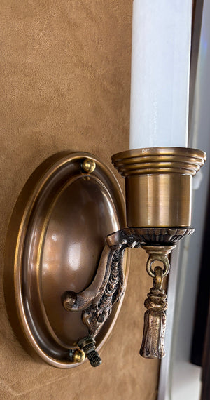 $700 PAIR - Circa 1920 Cast Arm Oval Back Sconces with Tassel Finials