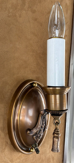 $700 PAIR - Circa 1920 Cast Arm Oval Back Sconces with Tassel Finials