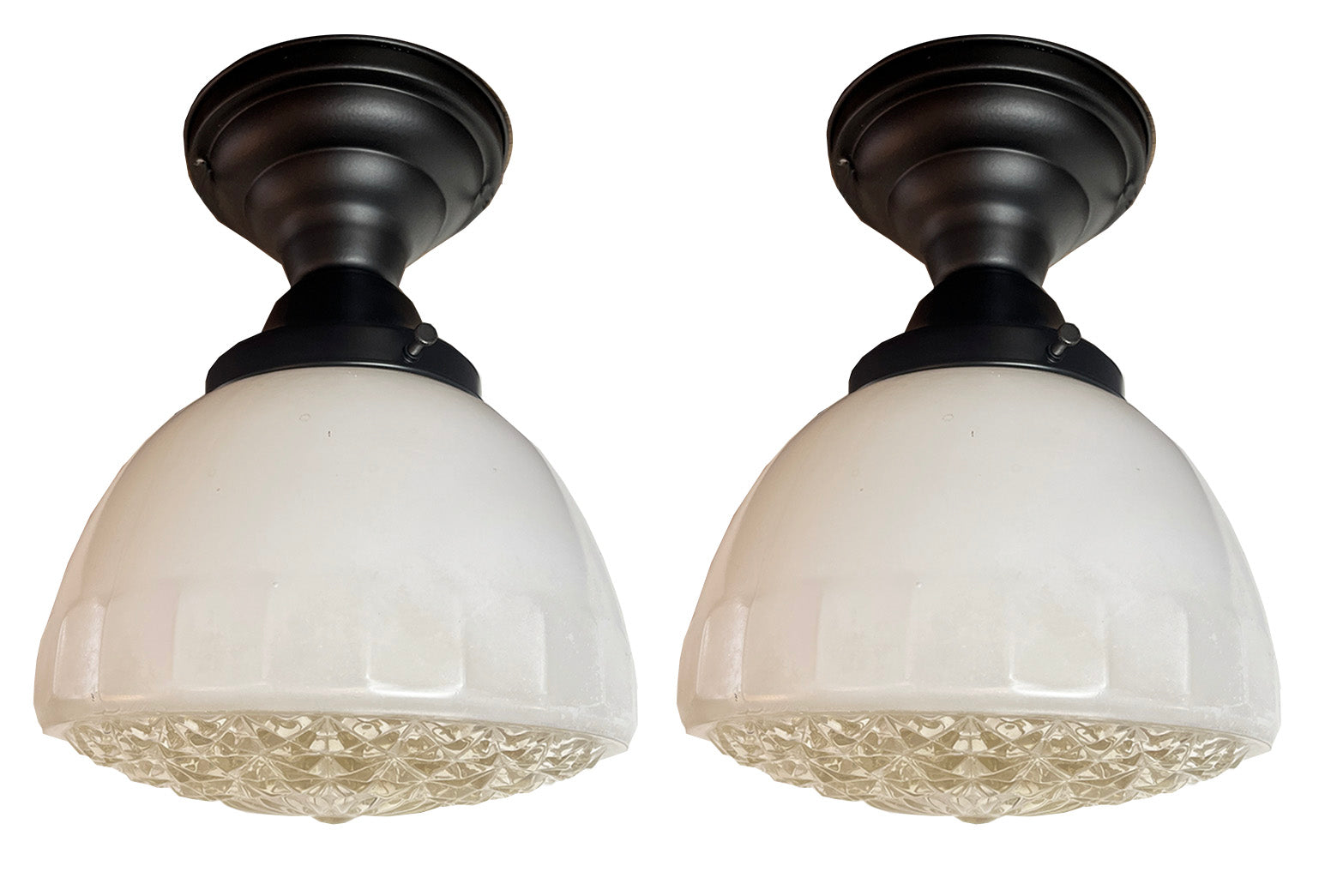 $750 PAIR - Circa 1930s Art Deco Opal Glass Shade with Prismatic Bottoms on Contemporary Satin Black Flush Mount Holders