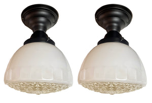 $750 PAIR - Circa 1930s Art Deco Opal Glass Shade with Prismatic Bottoms on Contemporary Satin Black Flush Mount Holders