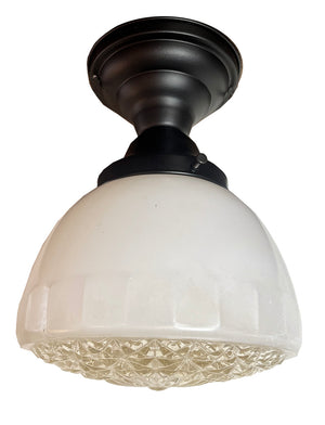 $750 PAIR - Circa 1930s Art Deco Opal Glass Shade with Prismatic Bottoms on Contemporary Satin Black Flush Mount Holders