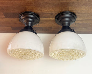 $750 PAIR - Circa 1930s Art Deco Opal Glass Shade with Prismatic Bottoms on Contemporary Satin Black Flush Mount Holders