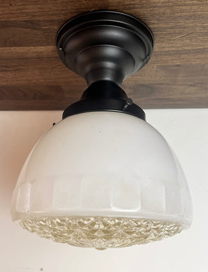 $750 PAIR - Circa 1930s Art Deco Opal Glass Shade with Prismatic Bottoms on Contemporary Satin Black Flush Mount Holders