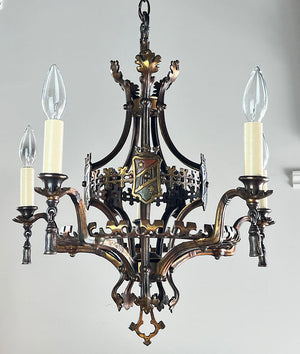 $2400 PAIR - Stunning Pair of Antique Broze Circa 1915 Era Tudor Revival Five Light Chandeliers