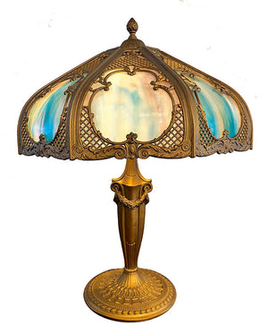 Antique Circa 1910 Neo Classical Curved Panel Glass Lamp with Lattice Motif Shade and Swag and Garland Base