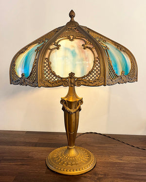 Antique Circa 1910 Neo Classical Curved Panel Glass Lamp with Lattice Motif Shade and Swag and Garland Base