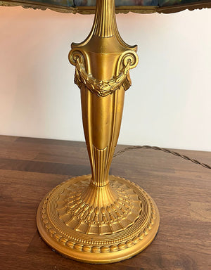 Antique Circa 1910 Neo Classical Curved Panel Glass Lamp with Lattice Motif Shade and Swag and Garland Base