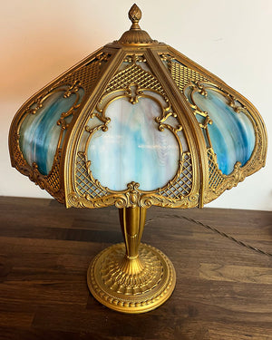 Antique Circa 1910 Neo Classical Curved Panel Glass Lamp with Lattice Motif Shade and Swag and Garland Base