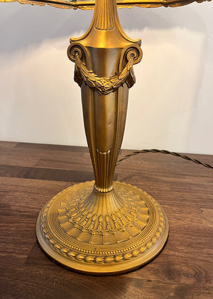 Antique Circa 1910 Neo Classical Curved Panel Glass Lamp with Lattice Motif Shade and Swag and Garland Base
