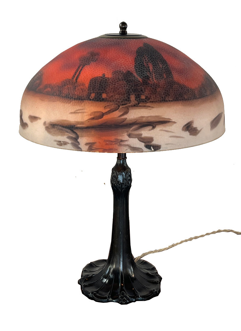 Anitque Circa 1920 Pittsburgh Reverse Scenic Painted Table Lamp with Hammered Glass