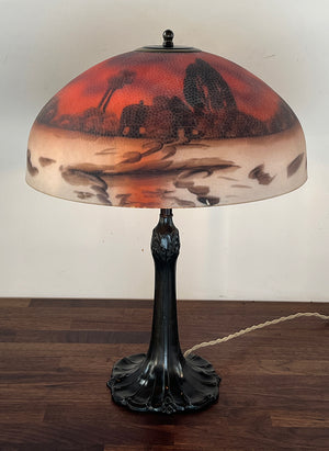 Anitque Circa 1920 Pittsburgh Reverse Scenic Painted Table Lamp with Hammered Glass