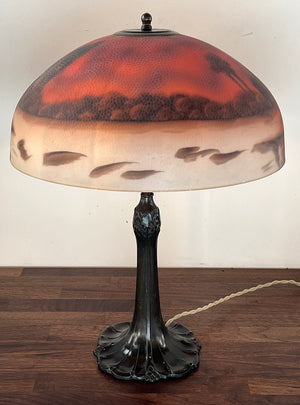 Anitque Circa 1920 Pittsburgh Reverse Scenic Painted Table Lamp with Hammered Glass