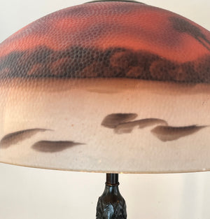 Anitque Circa 1920 Pittsburgh Reverse Scenic Painted Table Lamp with Hammered Glass