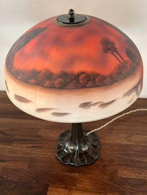 Anitque Circa 1920 Pittsburgh Reverse Scenic Painted Table Lamp with Hammered Glass